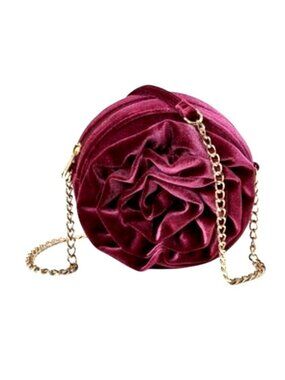 Velvet Rose-Shaped Burgundy Crossbody Purse Gold Chain Strap Round New